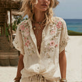 Women's Vintage Embroidery Floral Art Button Short Sleeve Shirt elevenforest