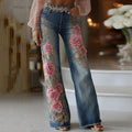 Women's Vintage Rose Floral Embroidery Art Loose Jeans elevenforest