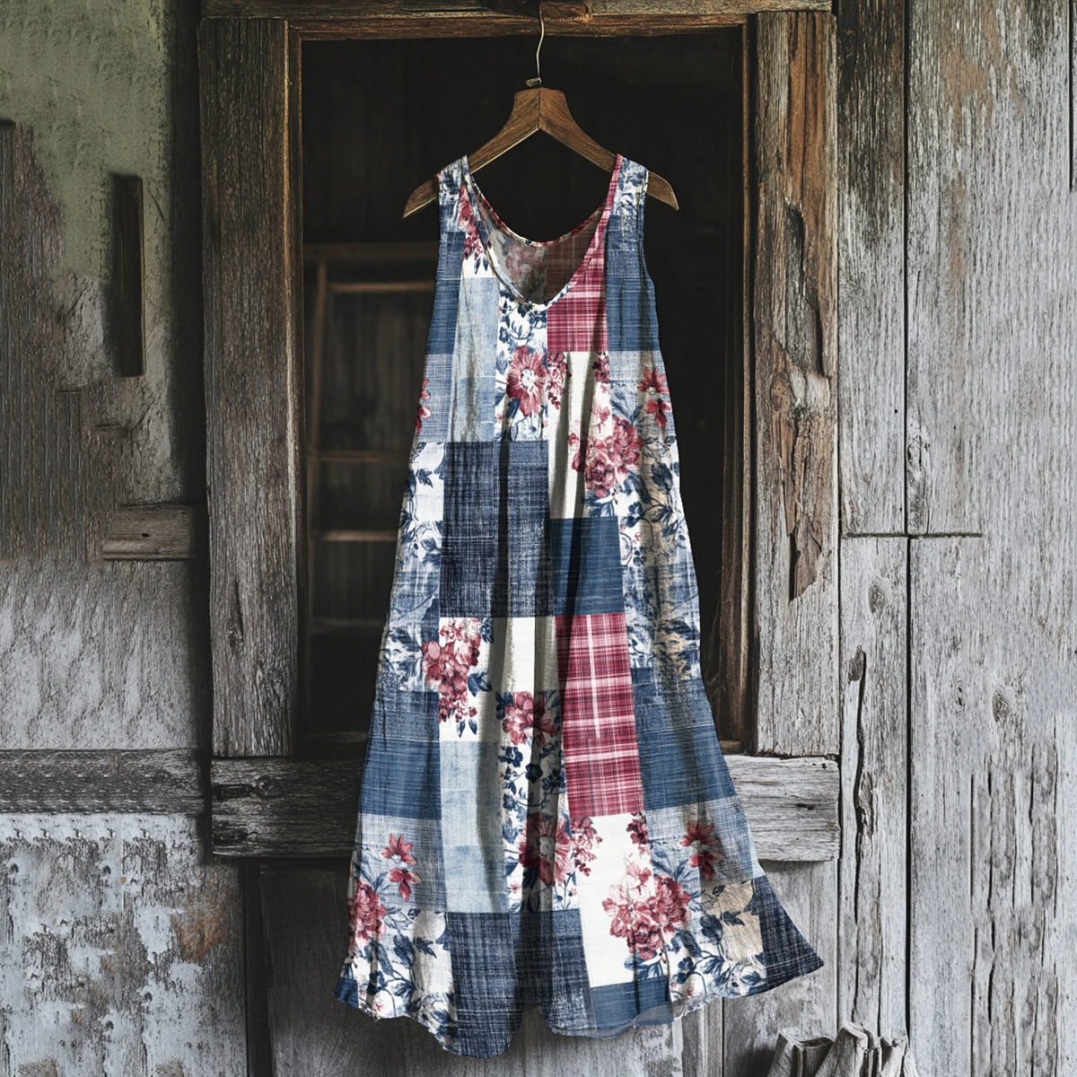 Women's Vintage Independence Day Floral Art Linen Maxi Dress elevenforest