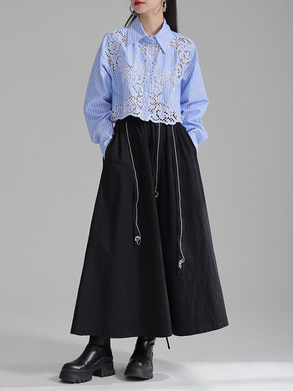 Long Sleeves Loose Buttoned Hollow Color Lapel Blouses&shirts Tops