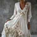 Vintage Lily Flowers Lace V Neck Linen Maxi Dress elevenforest