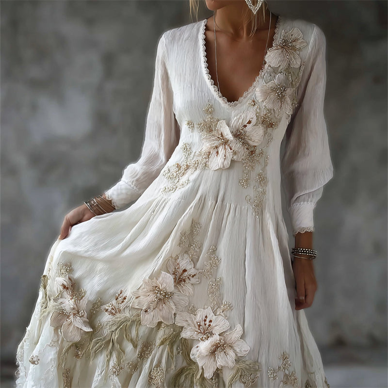 Vintage Lily Flowers Lace V Neck Linen Maxi Dress elevenforest