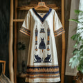 Egyptian Cat Vintage Totem Women's Linen Short Sleeve Maxi Dress elevenforest