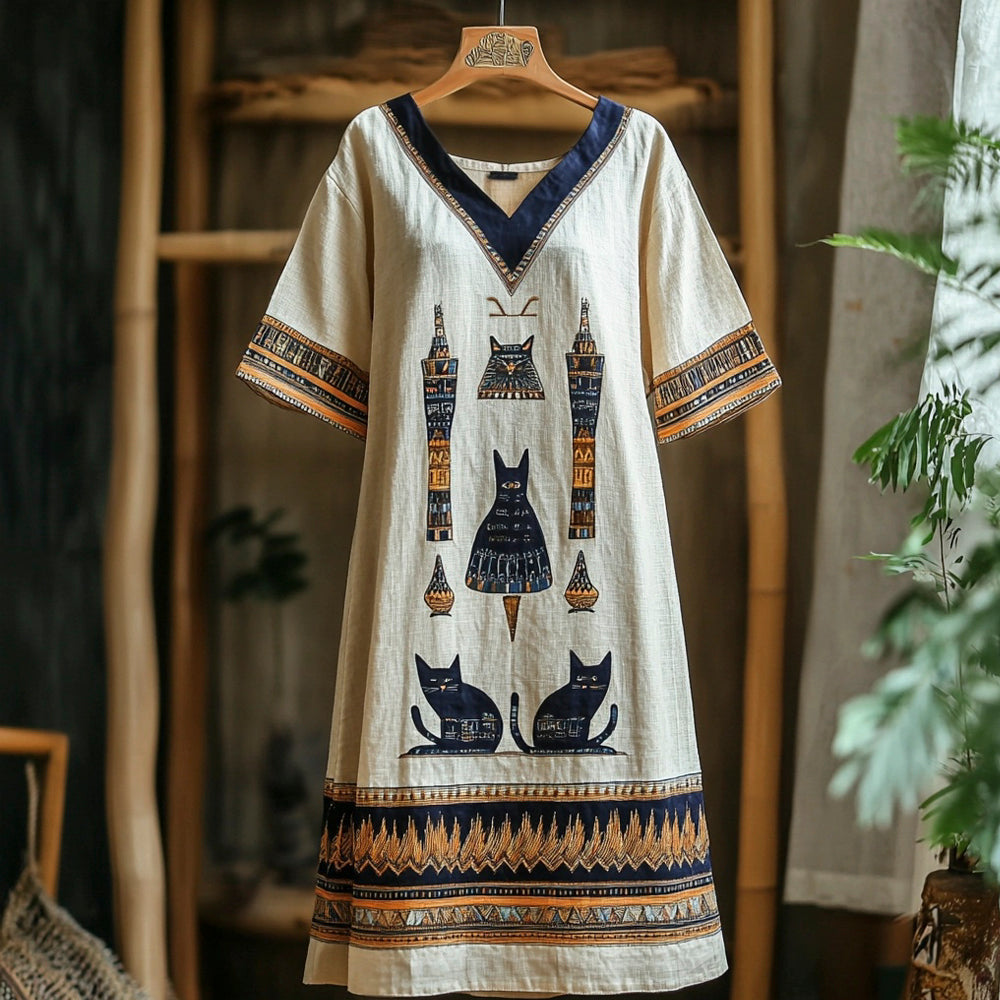 Egyptian Cat Vintage Totem Women's Linen Short Sleeve Maxi Dress elevenforest