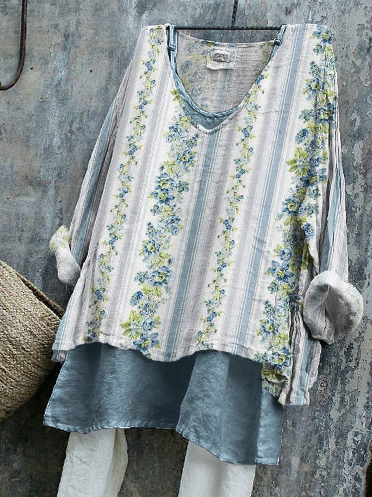 Vintage Floral Striped Pattern Linen Tunic elevenforest