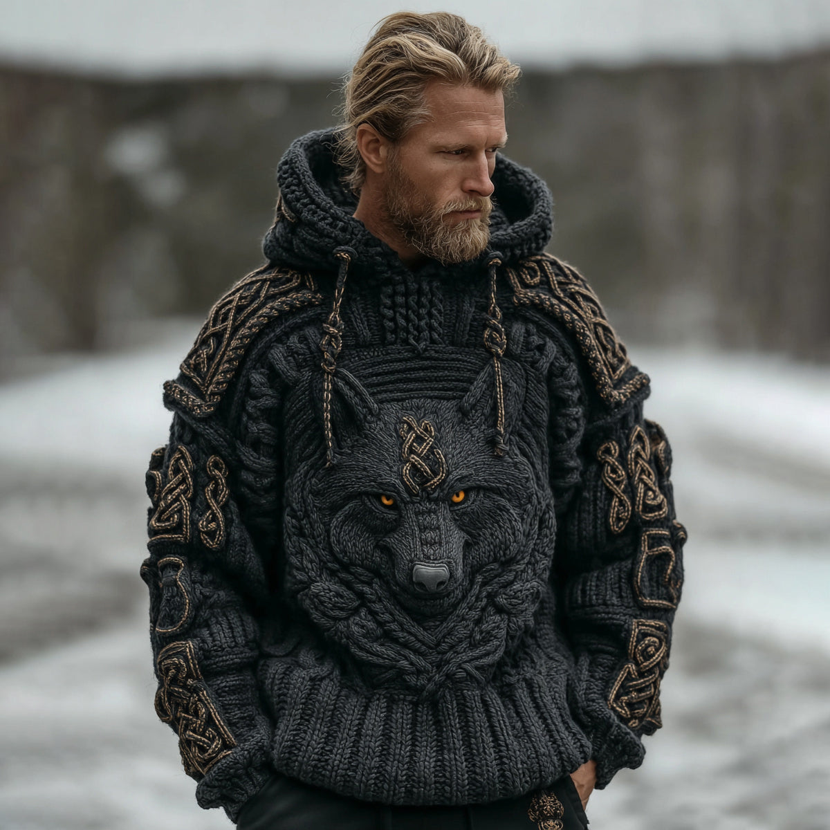 Men's Vintage Viking Wolf Knit Hooded Sweater elevenforest