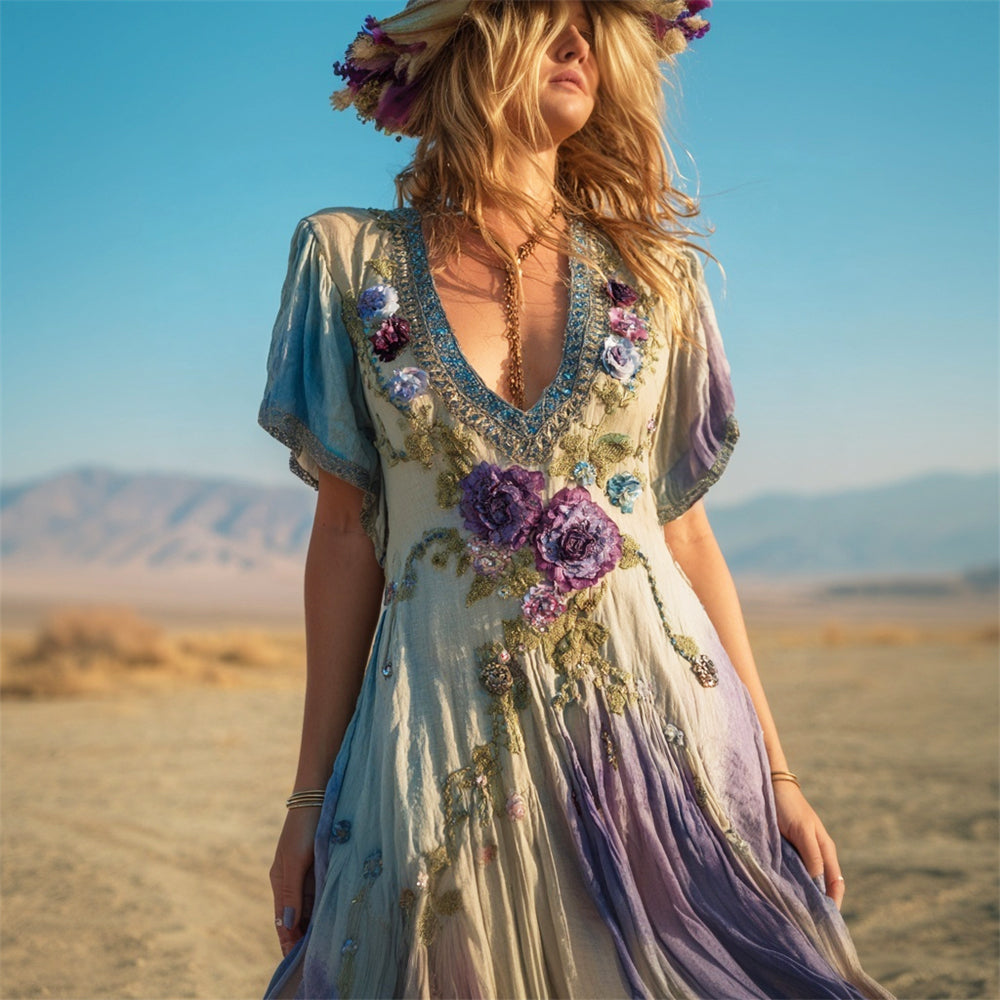 Bohemian Gradient Floral Women's Linen V-neck Maxi Flowy Dress elevenforest