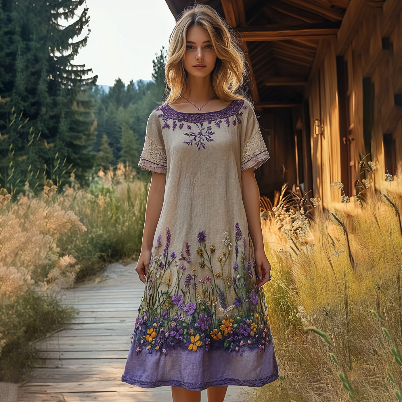 Vintage Floral Embroidery Short Sleeve Midi Dress elevenforest