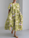 Women's Japanese Art Bunny Print Linen Blend Dress elevenforest