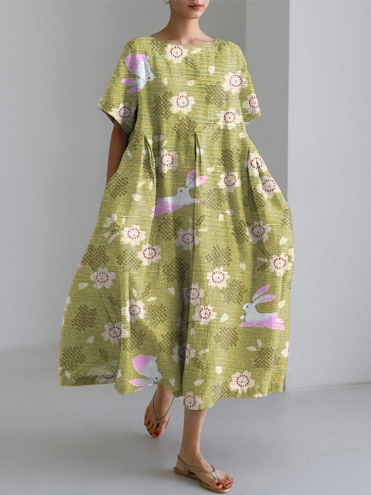Women's Japanese Art Bunny Print Linen Blend Dress elevenforest