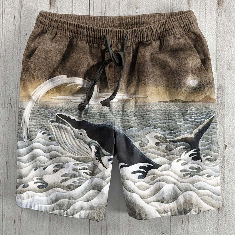 Vintage Japanese Art Whale Linen Blend Short Pants elevenforest