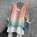 Comstylish Women's Japanese Floral Gradient Art V-neck Linen Blend T-shirt