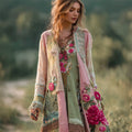 Vintage Boho Pink Roses Embroidered Floral Patchwork Linen Long Cardigan elevenforest