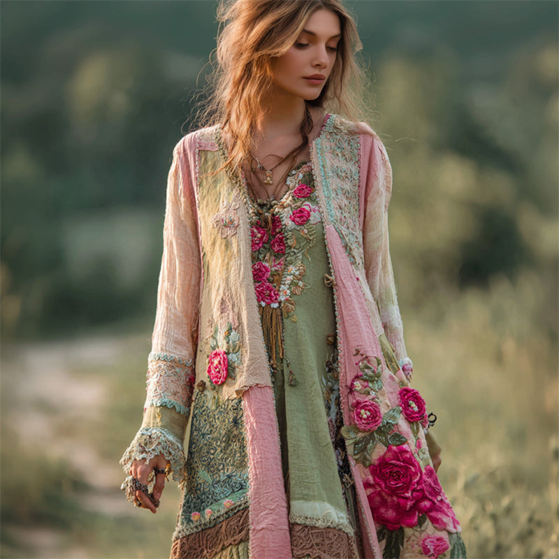 Vintage Boho Pink Roses Embroidered Floral Patchwork Linen Long Cardigan elevenforest