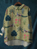 Ethnic Style Peacock Plant Print Cotton And Linen Shirt