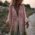 Vintage Flowers Lace Fiber Art Gradient Linen Cardigan elevenforest