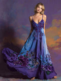 Vintage Boho Floral Embroidery Women's Spaghetti Strap Linen Maxi Dress elevenforest