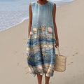 Vintage Loose Starfish & Sea Shells Sea Waves Art Sleeveless Cotton And Linen Tank Dress elevenforest