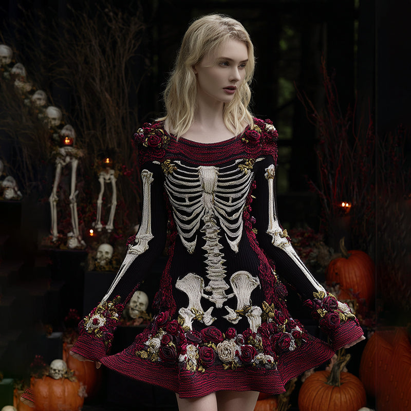 Women's Vintage Floral Skull Pattern Cozy Knit Mini Sweater Dress artswardrobe