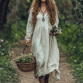 Women's Solid Color Linen Blend V-neck Loose Midi Dress elevenforest