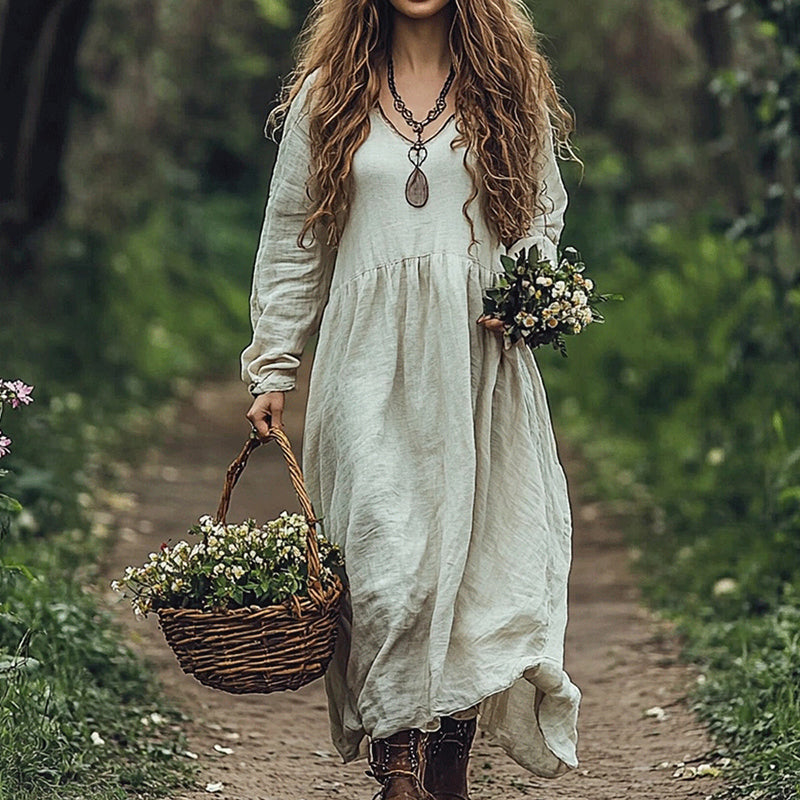 Women's Solid Color Linen Blend V-neck Loose Midi Dress elevenforest