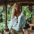 Bohemian Floral Lace Patchwork Art Cotton And Linen Blend Loose Blouse elevenforest