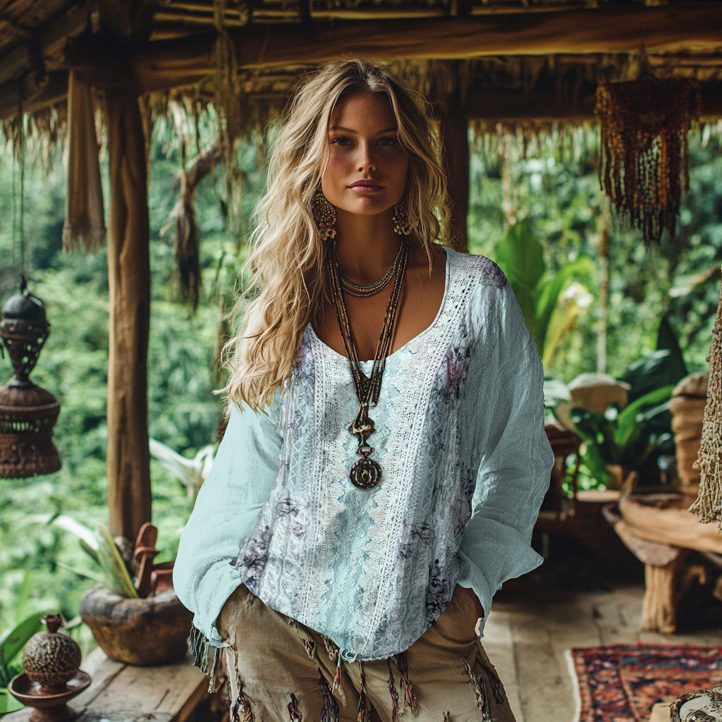 Bohemian Floral Lace Patchwork Art Cotton And Linen Blend Loose Blouse elevenforest