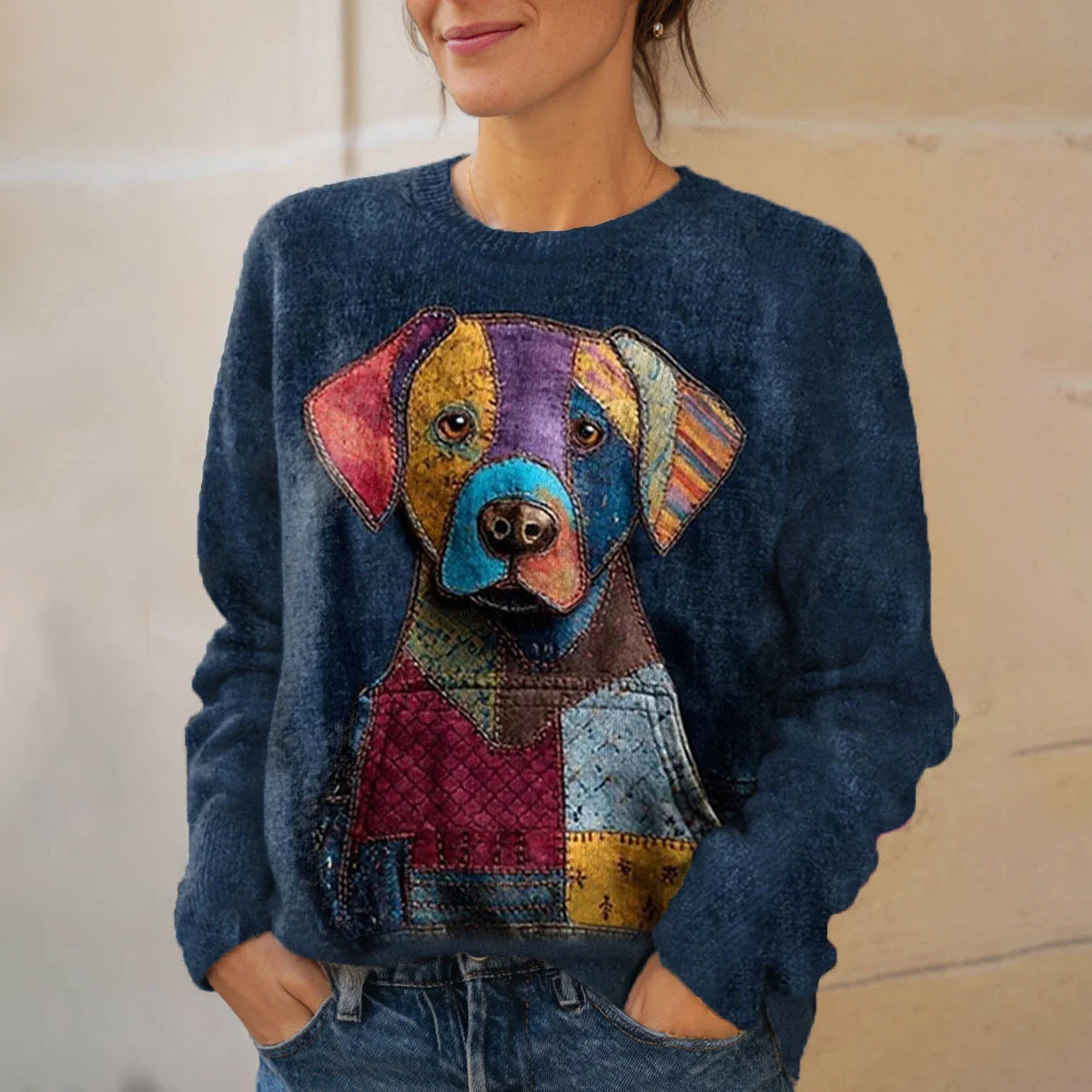 Comstylish Vintage Funny Dog Art Print Knit Pullover Sweater