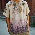 Men's Bohemian Style Purple Gradient Flower And Grass Embroidery Pattern Retro Cotton And Linen Short-sleeve Shirt elevenforest
