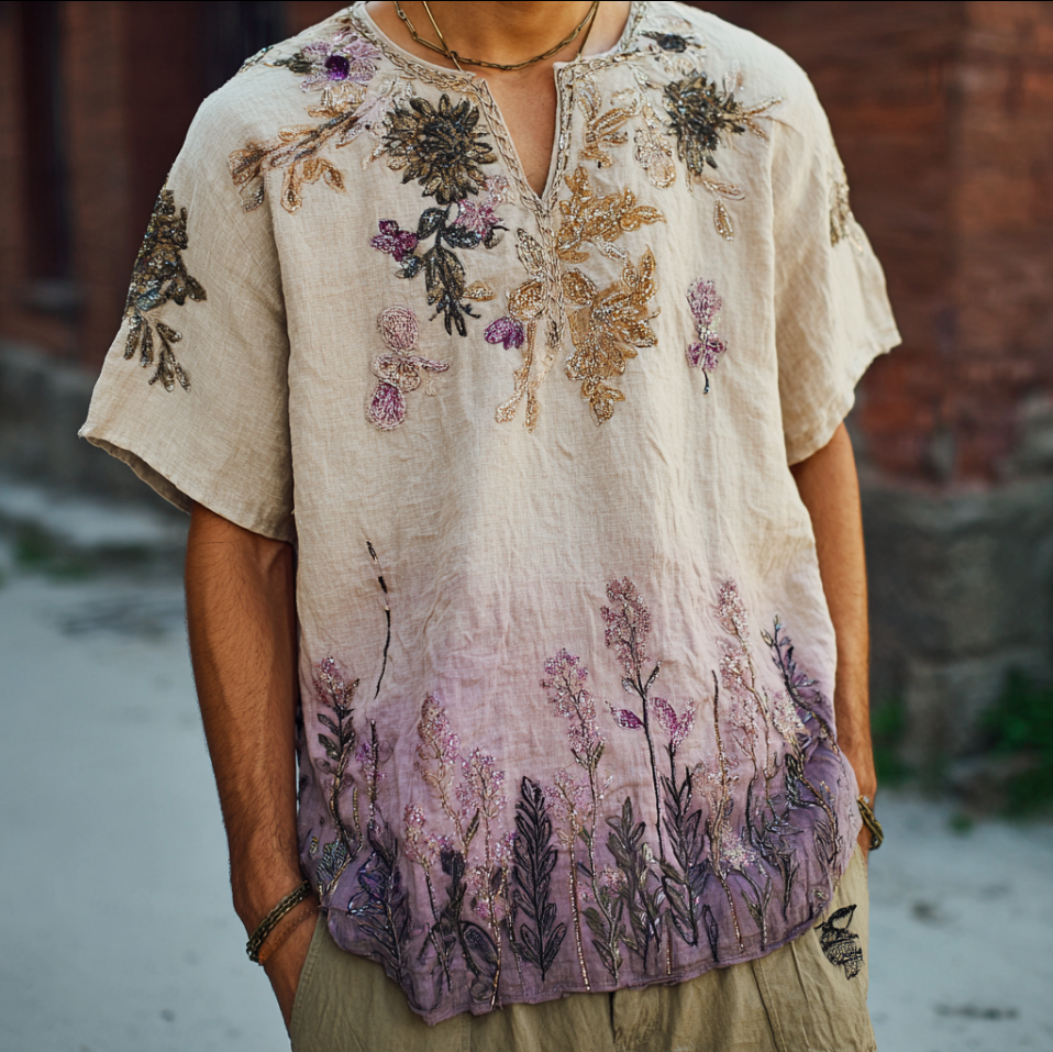 Men's Bohemian Style Purple Gradient Flower And Grass Embroidery Pattern Retro Cotton And Linen Short-sleeve Shirt elevenforest