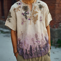 Men's Bohemian Style Purple Gradient Flower And Grass Embroidery Pattern Retro Cotton And Linen Short-sleeve Shirt elevenforest