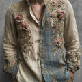 Men's Vintage Flowers Fiber Art Embroidered Contrast Linen Shirt elevenforest