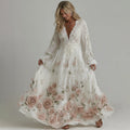 Women Vintage Lace Pink Floral Art Linen Blend Casual Dress elevenforest