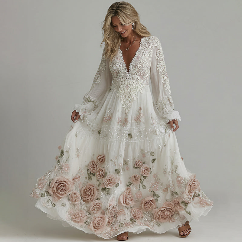 Women Vintage Lace Pink Floral Art Linen Blend Casual Dress elevenforest