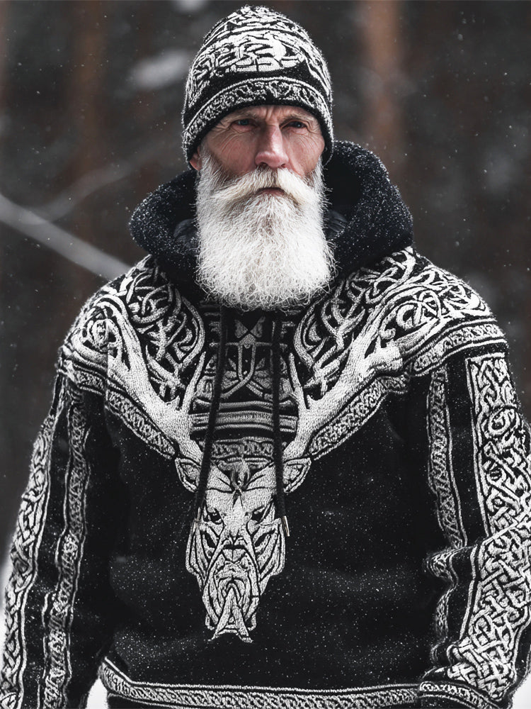 Comstylish Viking Celtic Knot & Elk Art Men's Knit Hooded Sweater