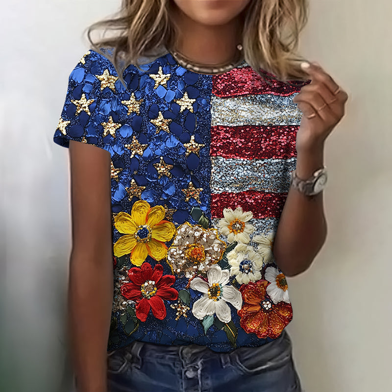 Comstylish Women's Vintage Independence Day Floral Sequin T-shirt