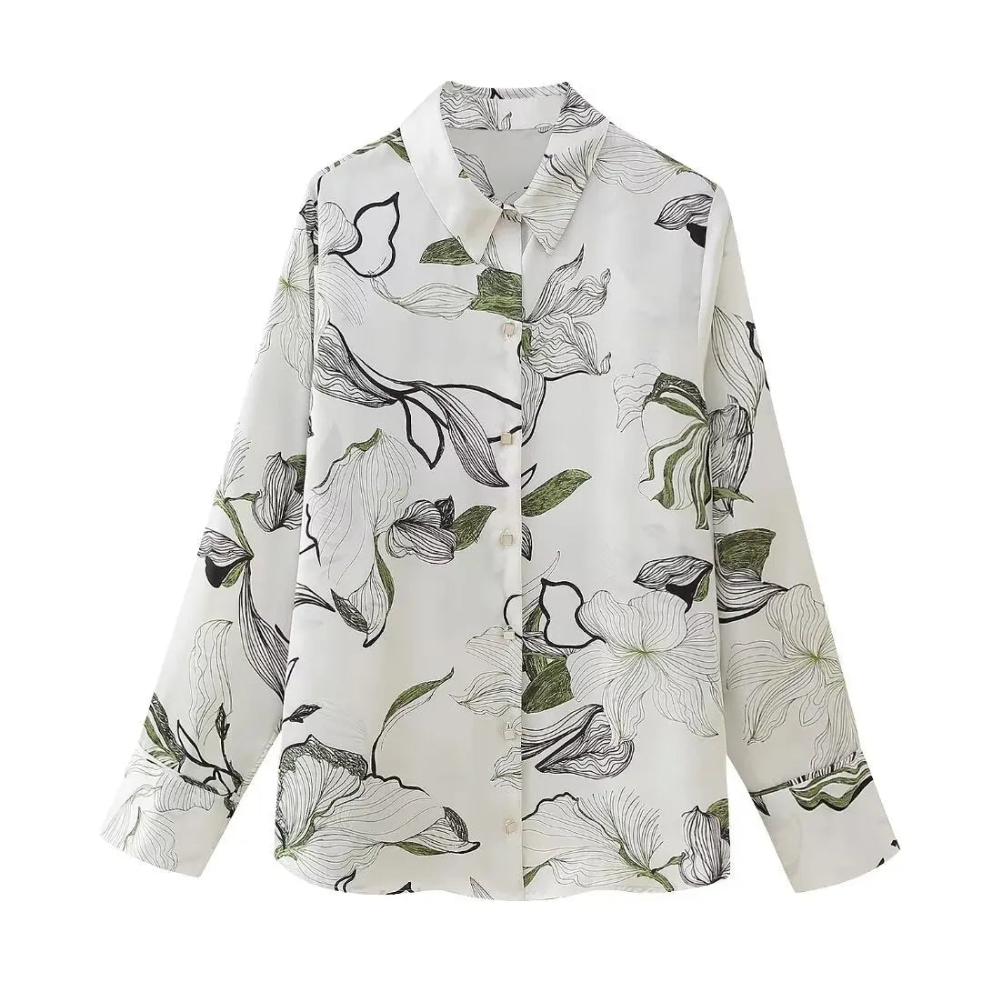 Spring Summer Silk Satin Textured Printed Shirt – Print Blouse