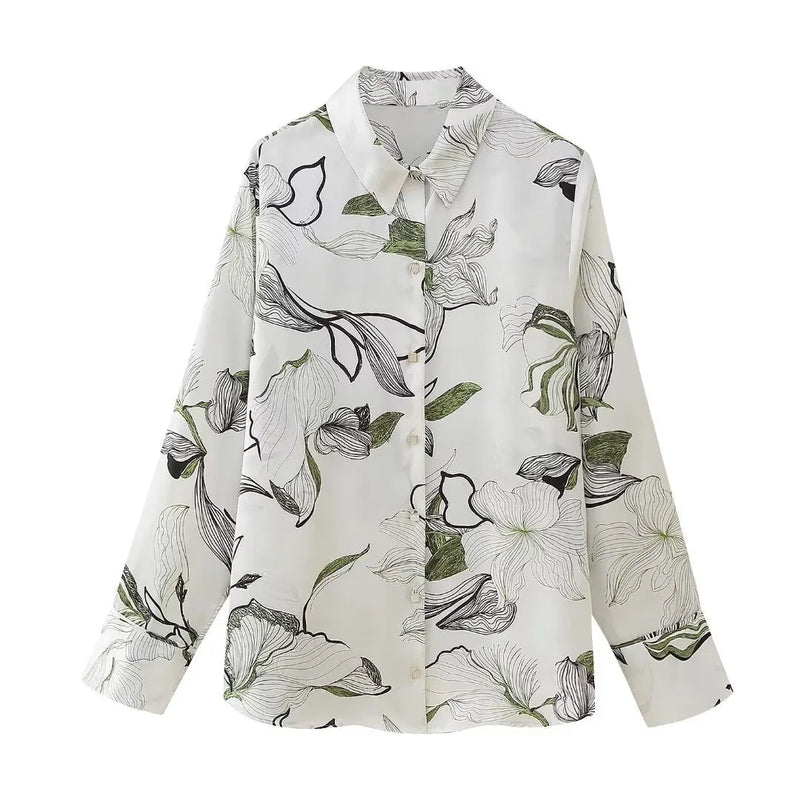 Spring Summer Silk Satin Textured Printed Shirt – Print Blouse