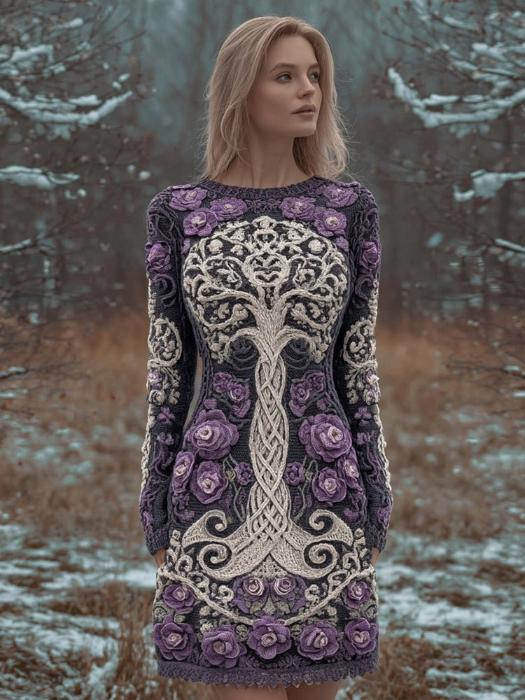 Floral Tree Of Life Pattern Vintage Mini Sweater Dress artswardrobe