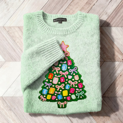 Christmas Rhinestone Tree Embroidered Cozy Knit Sweater artswardrobe