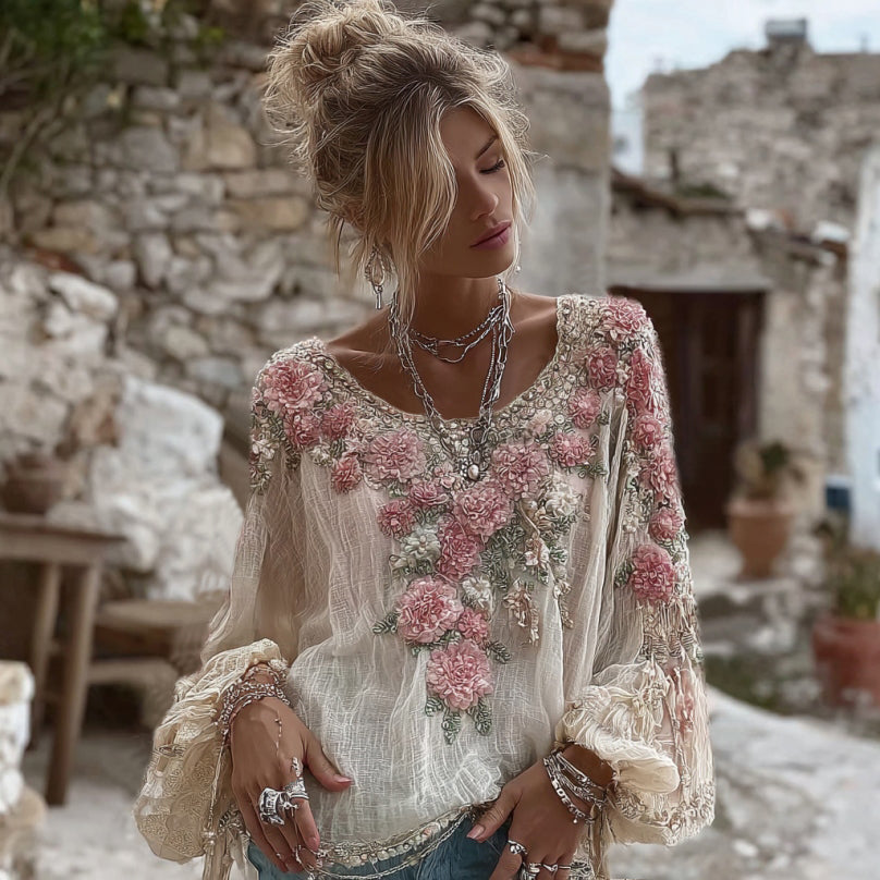 Women's Pink Flower Embroidery Art Round Neck Long Sleeve T-shirt elevenforest