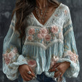 Women's Retro Floral Embroidered Art Print Flowy Linen Blend Casual Tops elevenforest