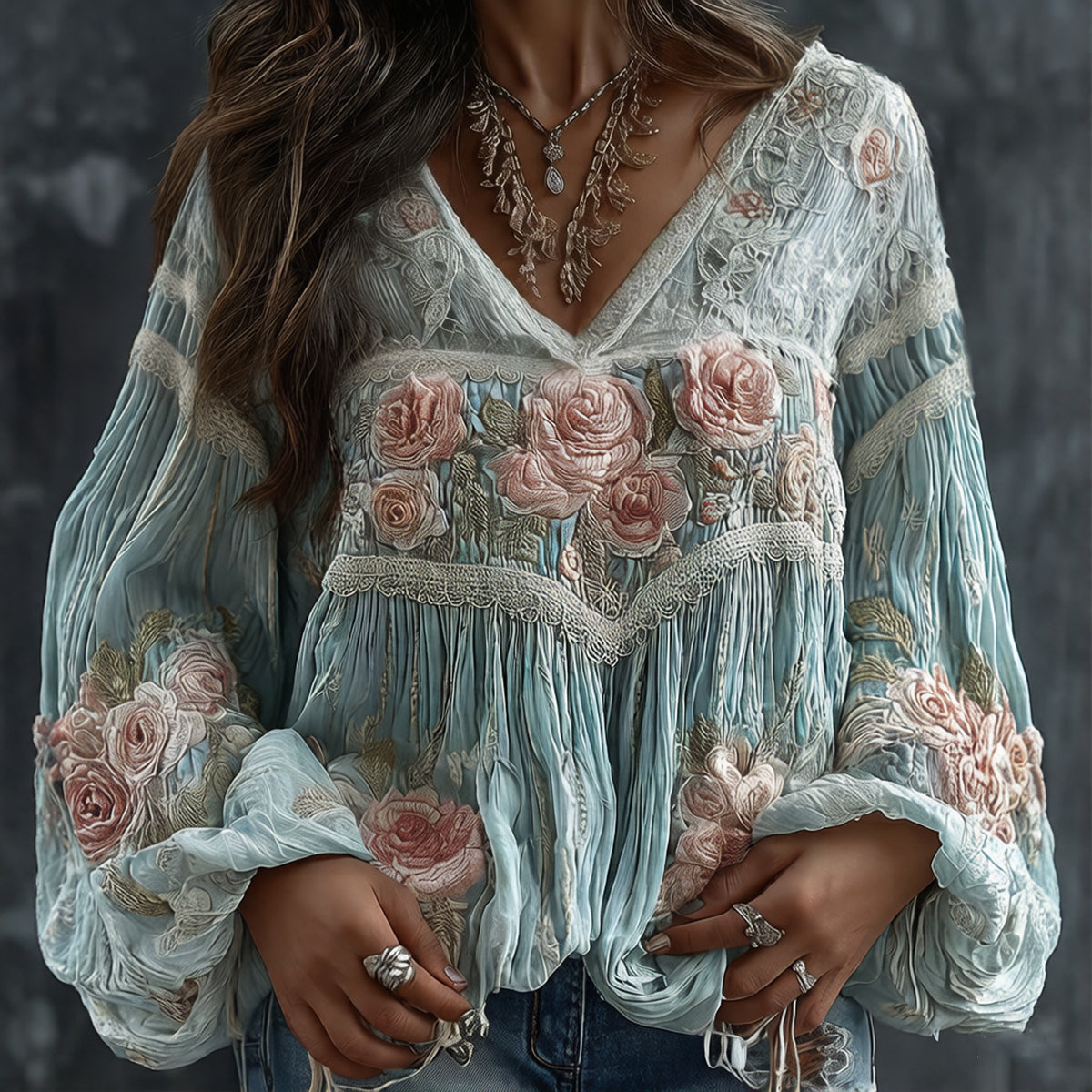 Women's Retro Floral Embroidered Art Print Flowy Linen Blend Casual Tops elevenforest