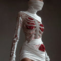 Comstylish Women's Red Rose Skeleton Art Round Neck Knit Mini Sweater Dress