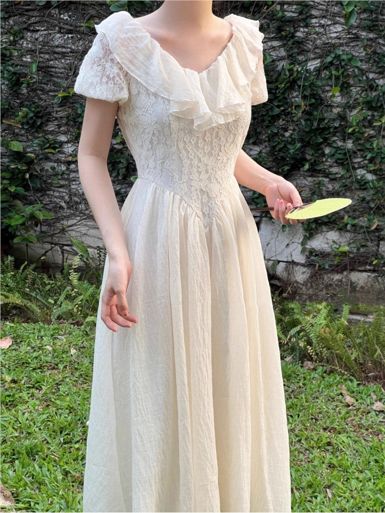 New Summer Off Shoulder Midi Dress Lace Patchwork Ruffles A-line French Prom Robe Vestidos