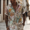 Bohemian Style Plant And Flower Pattern Men's Retro Cotton And Linen Short-sleeve Shirt elevenforest