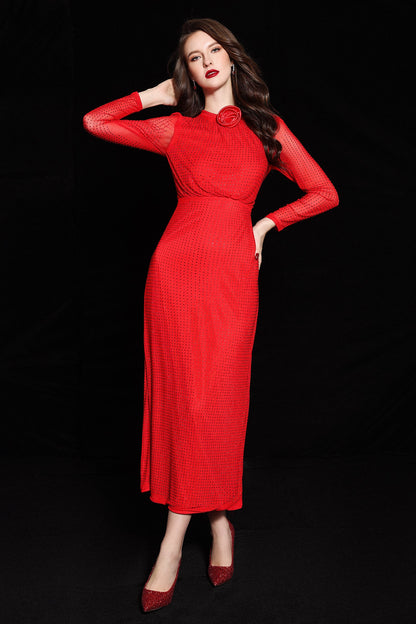 Rhinestone Stand Collar Mermaid Maxi Dress Red