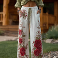 Retro Red Rose Pattern Casual Cotton And Linen Long Pants elevenforest