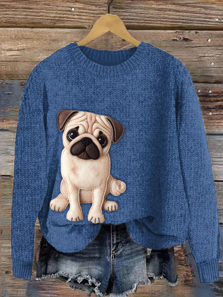 Comstylish Loyal Pug Dog Felt Art Cozy Knit Sweater