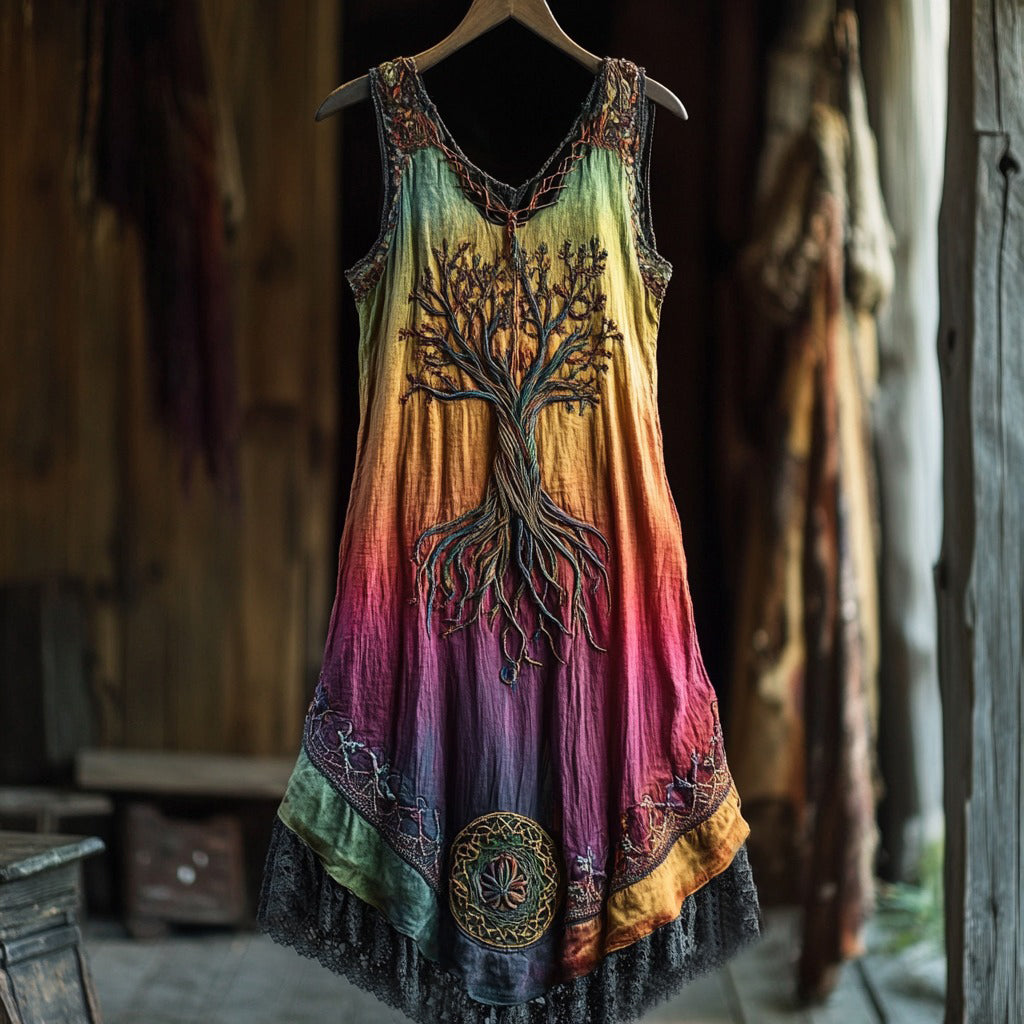 Vintage Life Of Tree Celtic Multicolour Tribal Art Comfy Tank Dress elevenforest